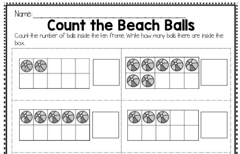 Count the beachballs ten frame activity in worksheet format