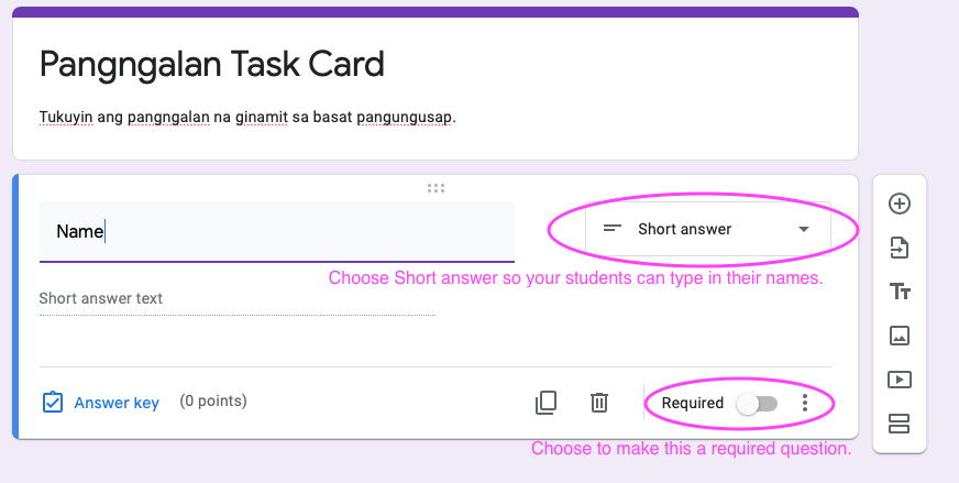 Choose Short answer question and hit on the button that says Required. 
