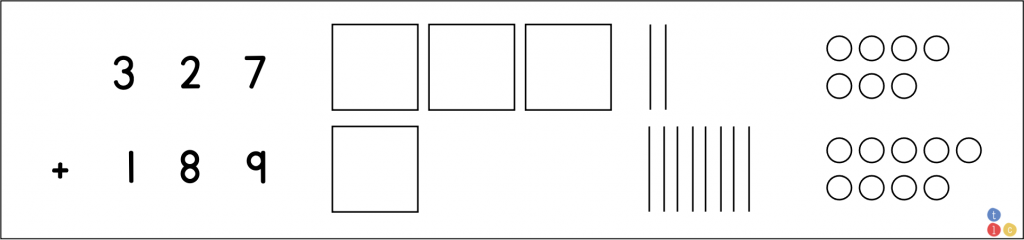 Addition with regrouping using place value models or base ten blocks