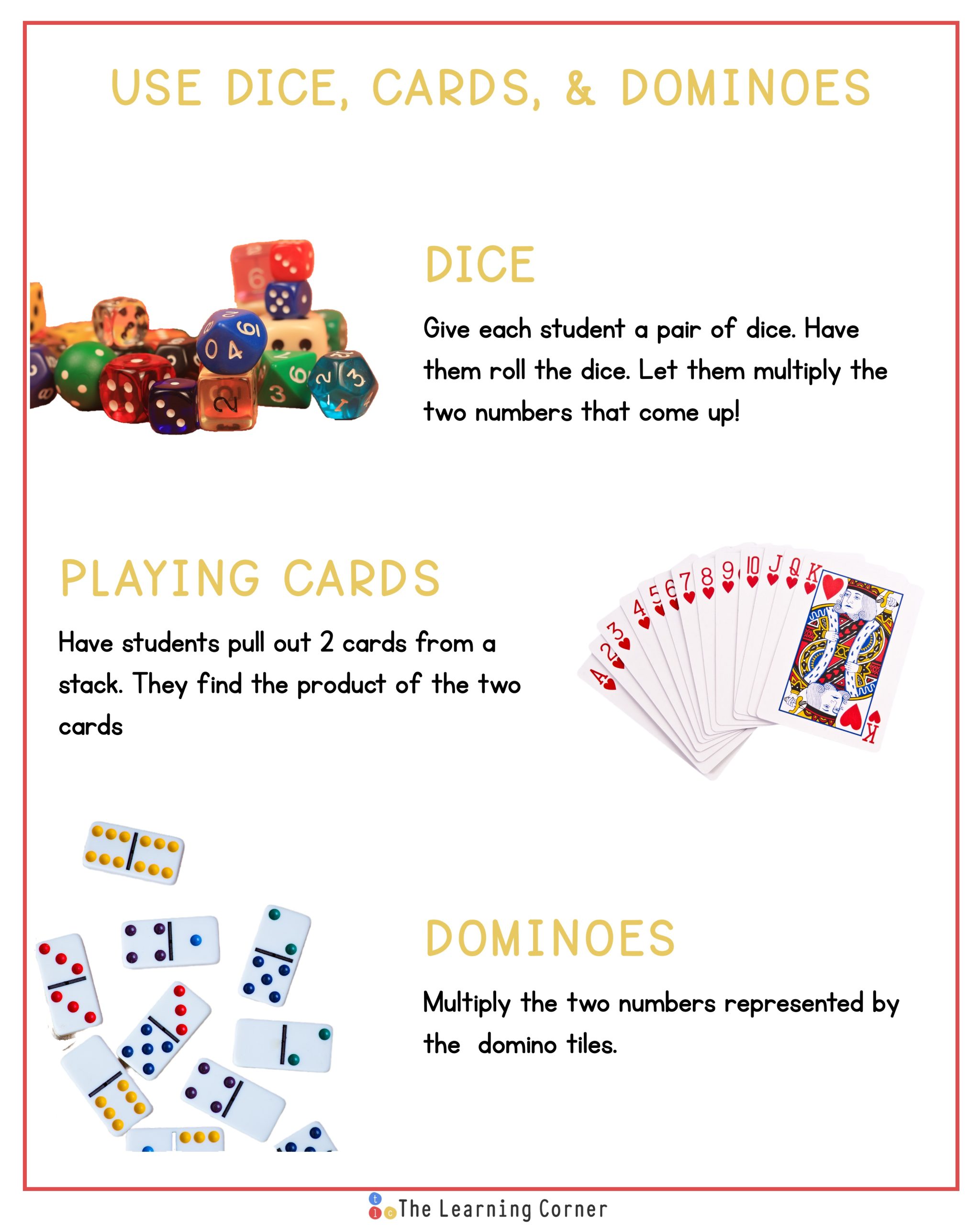 Multiplication fact dice cards and dominoes