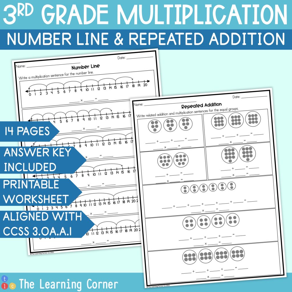 Multiplication Worksheet using Number Lines and Repeated Addition