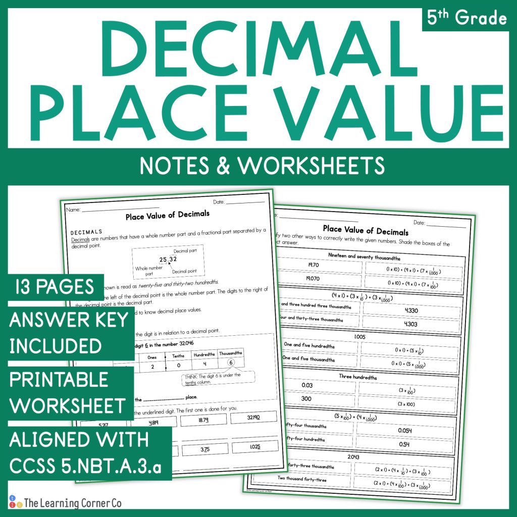 decimal place value worksheet